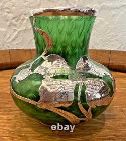 Loetz Green Glass La Pierre Sterling Silver Overlay Art Nouveau Cabinet Vase