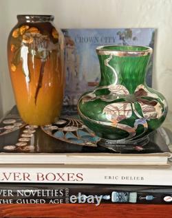 Loetz Green Glass La Pierre Sterling Silver Overlay Art Nouveau Cabinet Vase