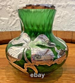 Loetz Green Glass La Pierre Sterling Silver Overlay Art Nouveau Cabinet Vase