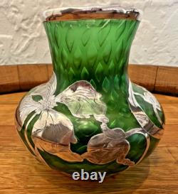 Loetz Green Glass La Pierre Sterling Silver Overlay Art Nouveau Cabinet Vase