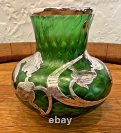 Loetz Green Glass La Pierre Sterling Silver Overlay Art Nouveau Cabinet Vase
