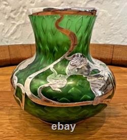 Loetz Green Glass La Pierre Sterling Silver Overlay Art Nouveau Cabinet Vase
