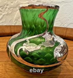 Loetz Green Glass La Pierre Sterling Silver Overlay Art Nouveau Cabinet Vase