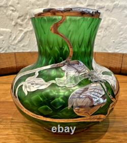 Loetz Green Glass La Pierre Sterling Silver Overlay Art Nouveau Cabinet Vase