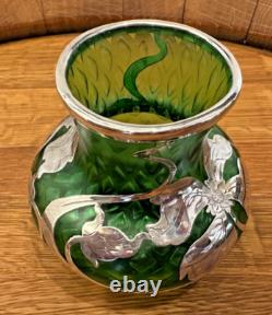Loetz Green Glass La Pierre Sterling Silver Overlay Art Nouveau Cabinet Vase