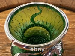 Loetz Green Glass La Pierre Sterling Silver Overlay Art Nouveau Cabinet Vase