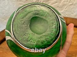 Loetz Green Glass La Pierre Sterling Silver Overlay Art Nouveau Cabinet Vase