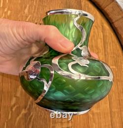 Loetz Green Glass La Pierre Sterling Silver Overlay Art Nouveau Cabinet Vase