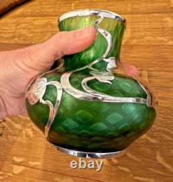 Loetz Green Glass La Pierre Sterling Silver Overlay Art Nouveau Cabinet Vase