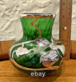 Loetz Green Glass La Pierre Sterling Silver Overlay Art Nouveau Cabinet Vase