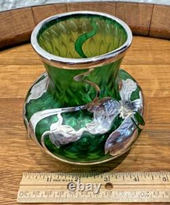 Loetz Green Glass La Pierre Sterling Silver Overlay Art Nouveau Cabinet Vase