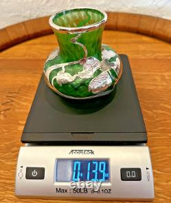 Loetz Green Glass La Pierre Sterling Silver Overlay Art Nouveau Cabinet Vase