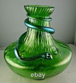 Loetz Green Large Glass Vase With Applied Snake