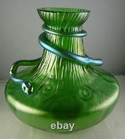 Loetz Green Large Glass Vase With Applied Snake