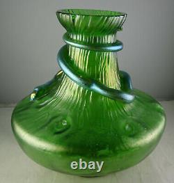 Loetz Green Large Glass Vase With Applied Snake