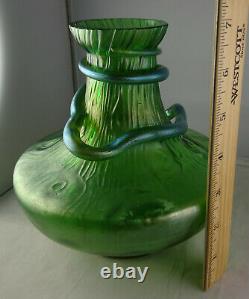 Loetz Green Large Glass Vase With Applied Snake