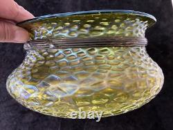 Loetz Iridescent Glass Art Nouveau Green Glass Bowl Metal Rim 1900 8 Inch