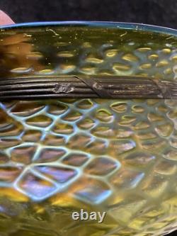 Loetz Iridescent Glass Art Nouveau Green Glass Bowl Metal Rim 1900 8 Inch