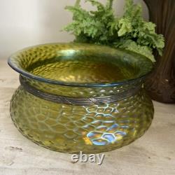 Loetz Iridescent Glass Art Nouveau Green Glass Bowl Metal Rim 1900 8 Inch