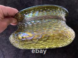 Loetz Iridescent Glass Art Nouveau Green Glass Bowl Metal Rim 1900 8 Inch