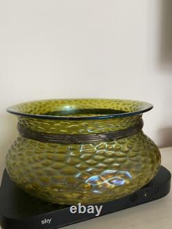 Loetz Iridescent Glass Art Nouveau Green Glass Bowl Metal Rim 1900 8 Inch