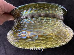 Loetz Iridescent Glass Art Nouveau Green Glass Bowl Metal Rim 1900 8 Inch