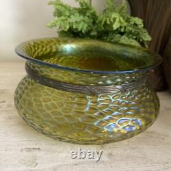 Loetz Iridescent Glass Art Nouveau Green Glass Bowl Metal Rim 1900 8 Inch