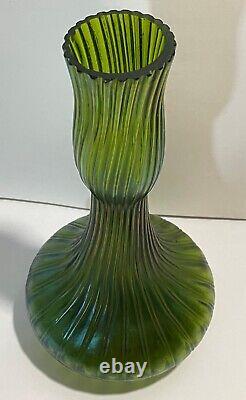 Loetz Iridescent Green Czech Art Glass 9 Swirl Vase Alligator Frog Skin