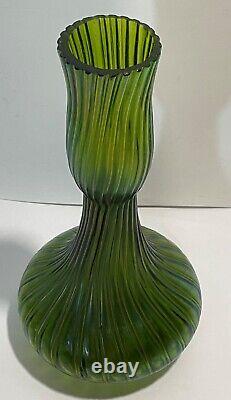 Loetz Iridescent Green Czech Art Glass 9 Swirl Vase Alligator Frog Skin
