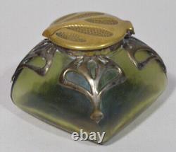 Loetz Iridescent Green Glass Inkwell With Bronze Overlay Art Nouveau