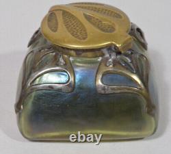 Loetz Iridescent Green Glass Inkwell With Bronze Overlay Art Nouveau