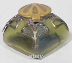 Loetz Iridescent Green Glass Inkwell With Bronze Overlay Art Nouveau