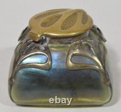 Loetz Iridescent Green Glass Inkwell With Bronze Overlay Art Nouveau