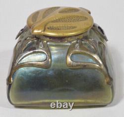 Loetz Iridescent Green Glass Inkwell With Bronze Overlay Art Nouveau