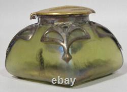 Loetz Iridescent Green Glass Inkwell With Bronze Overlay Art Nouveau