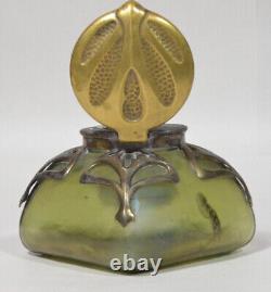 Loetz Iridescent Green Glass Inkwell With Bronze Overlay Art Nouveau