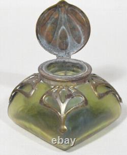 Loetz Iridescent Green Glass Inkwell With Bronze Overlay Art Nouveau