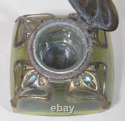 Loetz Iridescent Green Glass Inkwell With Bronze Overlay Art Nouveau