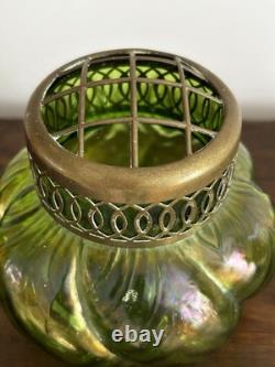 Loetz/Kralik Iridescent Green Art Glass Vases 1 with Flower Frog 1 without Frog