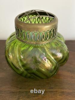 Loetz/Kralik Iridescent Green Art Glass Vases 1 with Flower Frog 1 without Frog