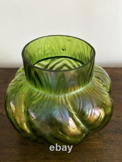 Loetz/Kralik Iridescent Green Art Glass Vases 1 with Flower Frog 1 without Frog