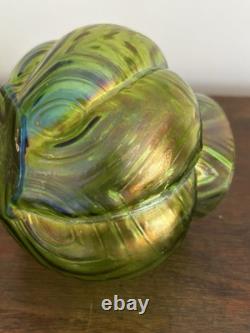 Loetz/Kralik Iridescent Green Art Glass Vases 1 with Flower Frog 1 without Frog