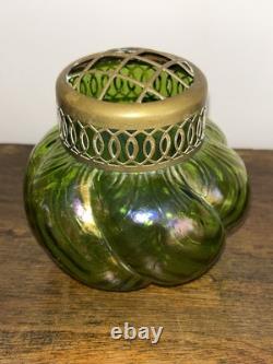 Loetz/Kralik Iridescent Green Art Glass Vases 1 with Flower Frog 1 without Frog