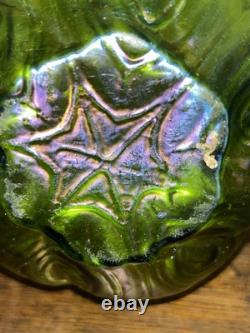Loetz/Kralik Iridescent Green Art Glass Vases 1 with Flower Frog 1 without Frog
