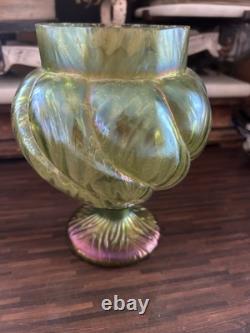 Loetz/Kralik Iridescent Green Art Glass Vases 1 with Flower Frog 1 without Frog