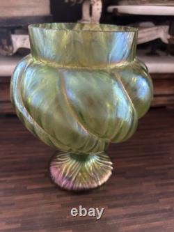 Loetz/Kralik Iridescent Green Art Glass Vases 1 with Flower Frog 1 without Frog