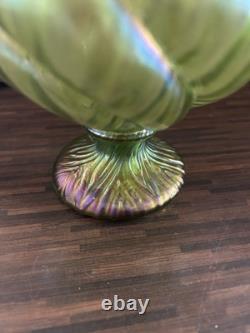 Loetz/Kralik Iridescent Green Art Glass Vases 1 with Flower Frog 1 without Frog