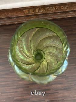 Loetz/Kralik Iridescent Green Art Glass Vases 1 with Flower Frog 1 without Frog