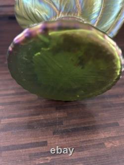 Loetz/Kralik Iridescent Green Art Glass Vases 1 with Flower Frog 1 without Frog