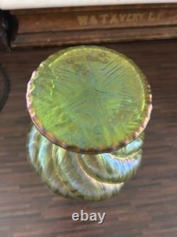 Loetz/Kralik Iridescent Green Art Glass Vases 1 with Flower Frog 1 without Frog